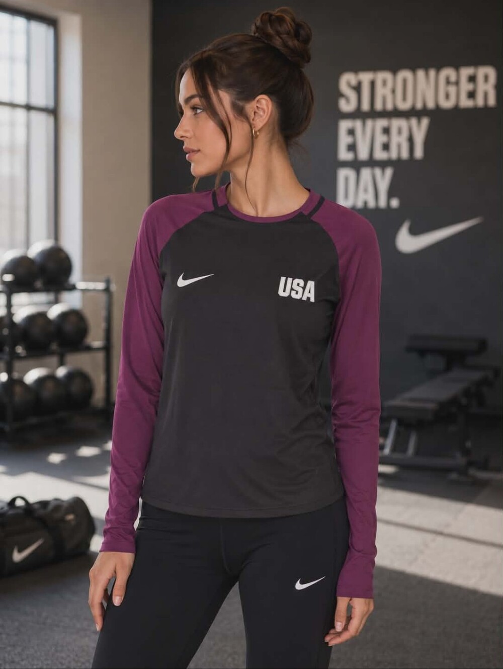 Nike Black and Purple USA Long Sleeve Shirt With Swoosh. Size Medium